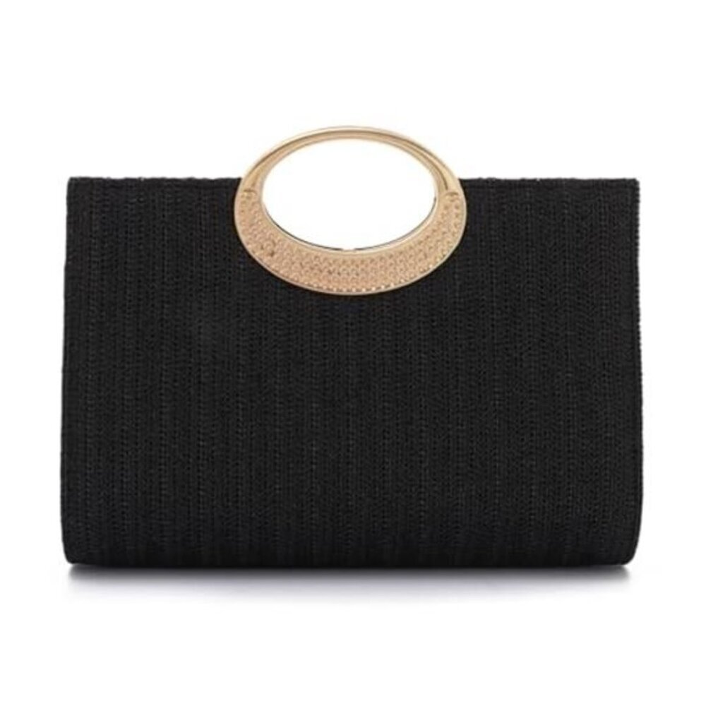 Black Straw Top Handle Clutch Purse Women Handbag